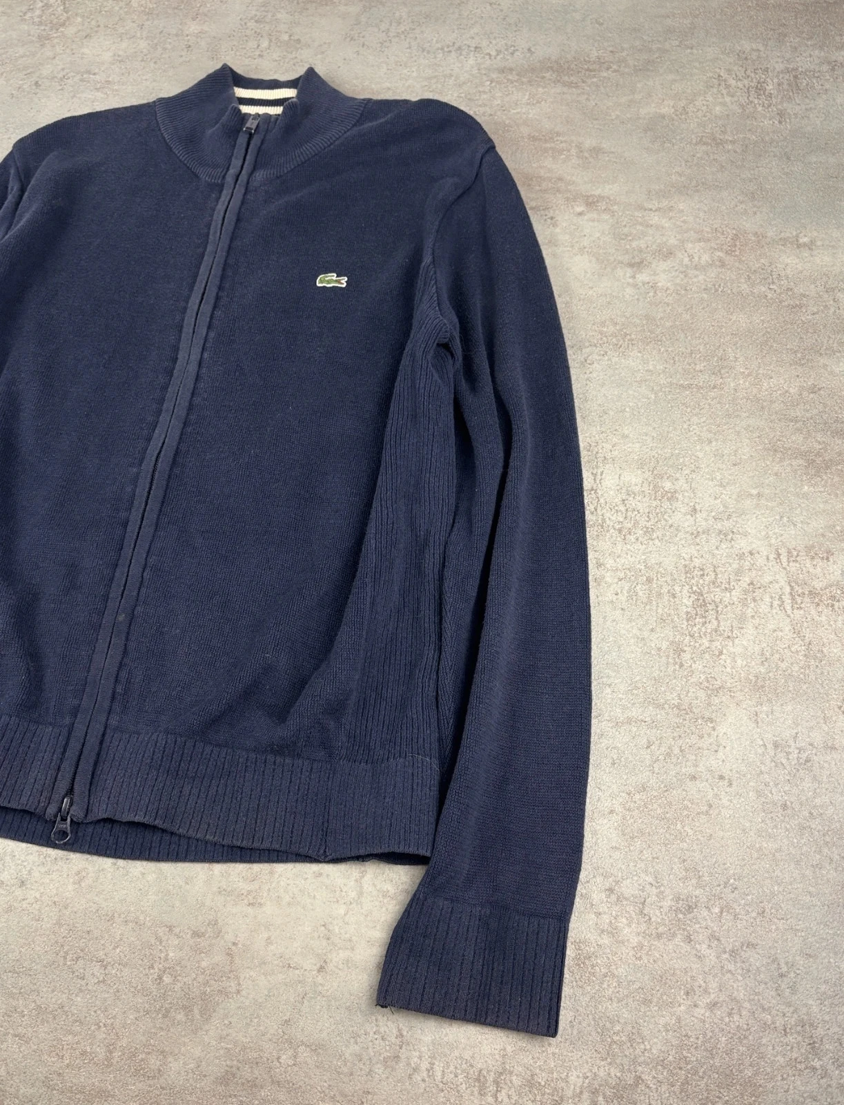 Lacoste Full Zip Cotton Navy Blue Vest | Logo Croc Cardigan High Neck Knit | Size S – photo 2